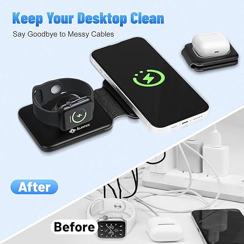 Miniatura 5 de AURTEC Foldable Magnetic Wireless Charging Station, 15W Fast Charging, 3-in-1 Wireless Charger with QC3.0 Adapter, Compatible with iPhone