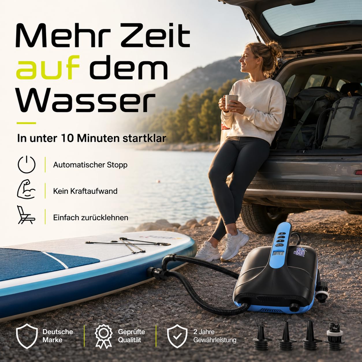 SkinStar elektrische SUP Board Pumpe Luftpumpe Kompressor Stand Up Paddle | Bis 20 PSI, automatischer Stopp, 2-Stufen-System, Abpumpfunktion, 12V Autoadapter 2,75 m, 5 Adapter, deutsche Marke