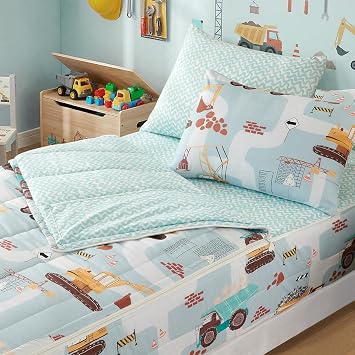 Zipper Bedding Twin for Kids, Bed in a Bag, Engineering Vehicles Comforter Set Light Blue Grey Quilt with All-in-One Zipper Design, Quilt Set for Boys, Soft All Season