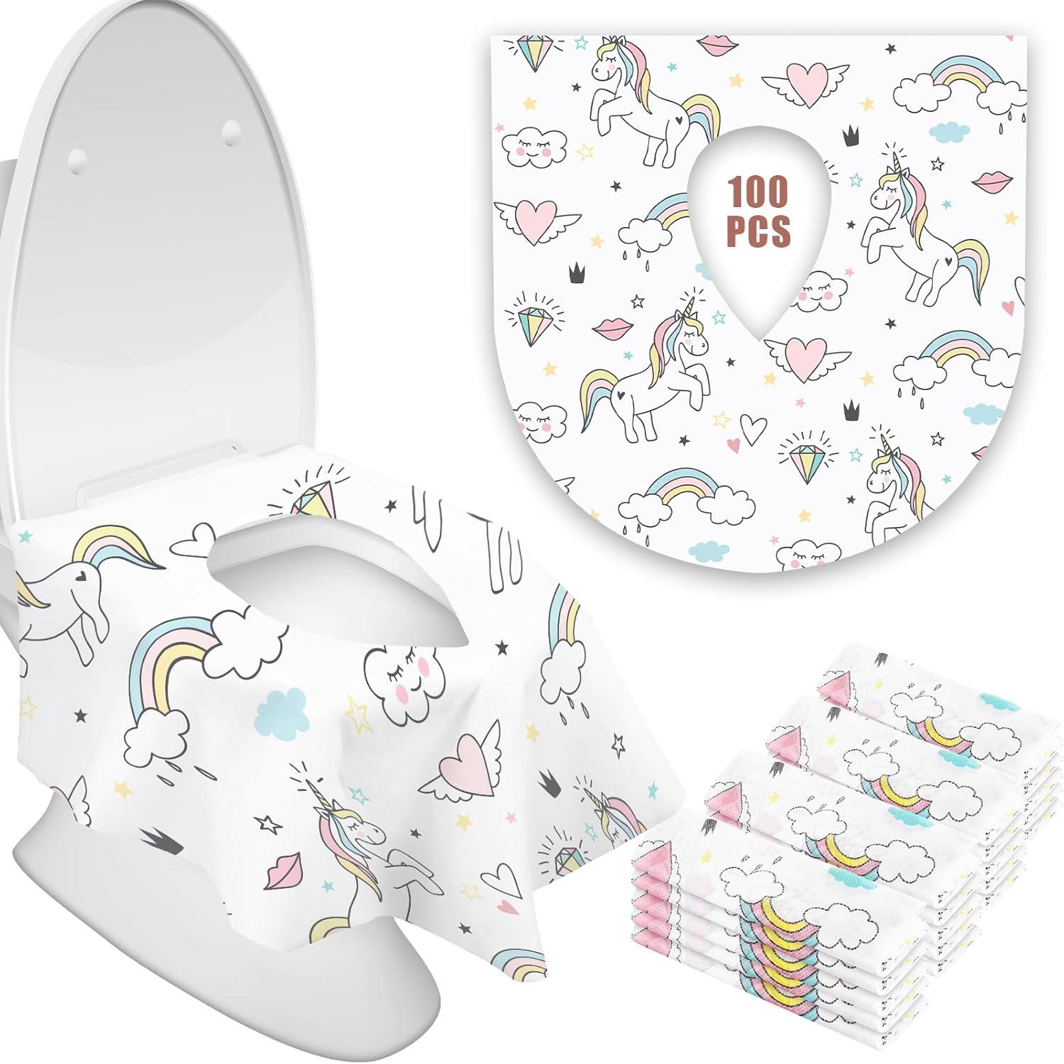 100 Pieces Toilet Seat Covers Disposable For Kids Toddler Flushable Toilet Covers Travel Pack Waterproof Potty Training Liner Pads Extra Large Foldable Toilet Covers for Baby and Adults (Unicorn)