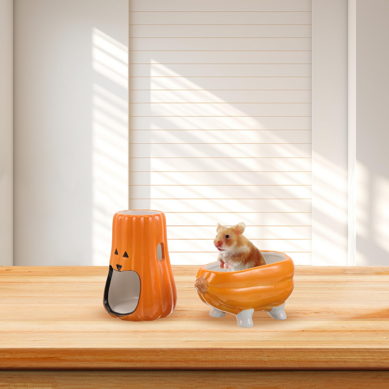 Keramik Hamster Wasserflasche Ständer mit Futternapf Pumpkin Design Stabiler Trinkflaschenhalter für Kleine Haustiere Wie Hamster Meerschweinchen Nagetiere Antikipp Basis