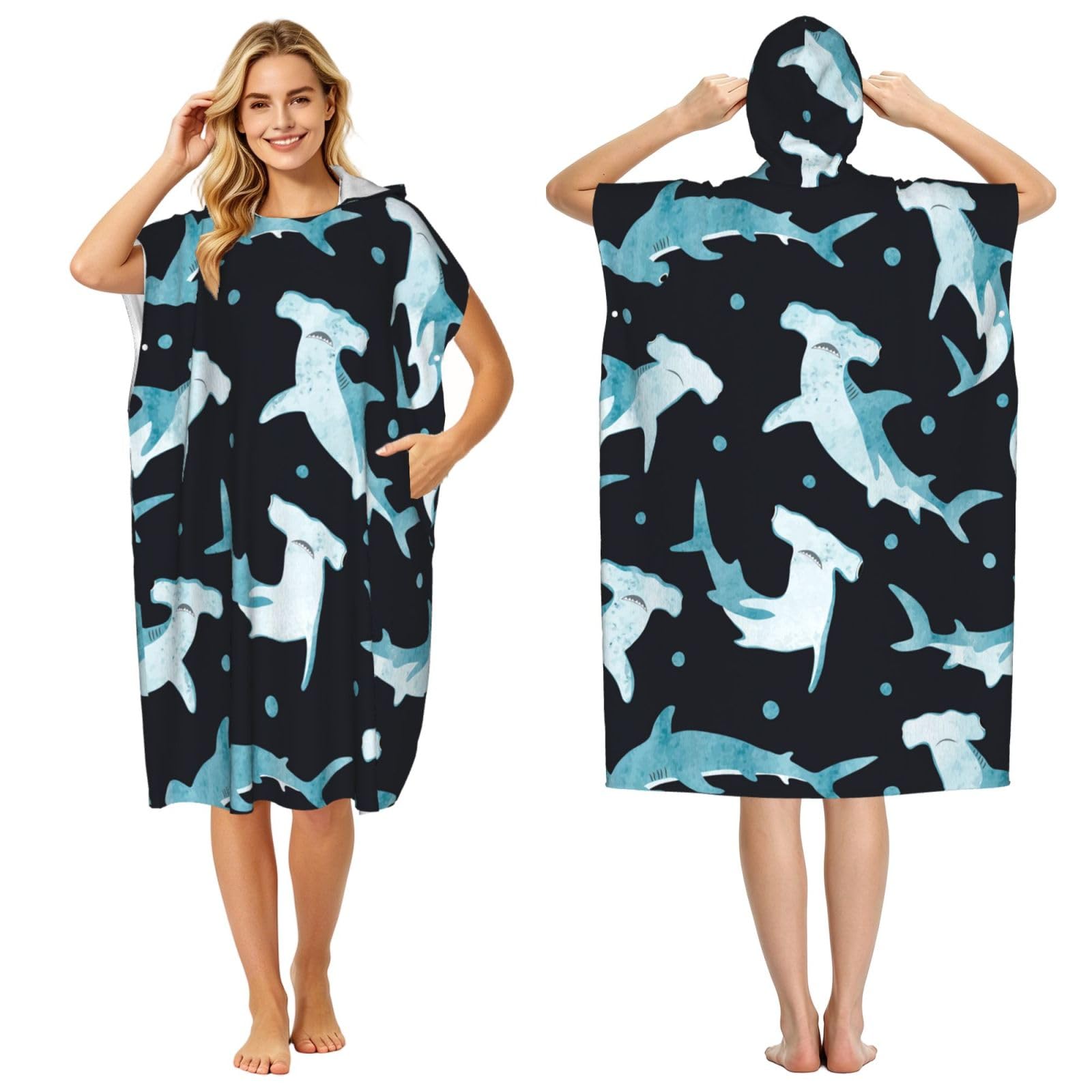 Poadnly Watercolor Hammerhead Shark, Adult Hooded Beach Towel 90 x 110 cm,Changing Bath Robe, Surf Poncho Towel For Women Men
