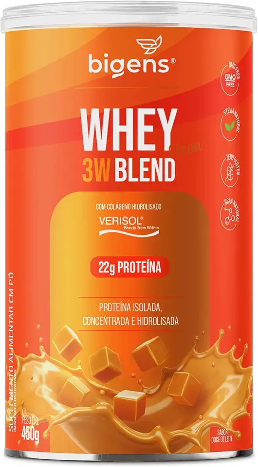 Whey Protein 3W Blend, Isolado, Concentrado e Hidrolisado, com Colágeno VERISOL®, 450g (Doce de Leite)