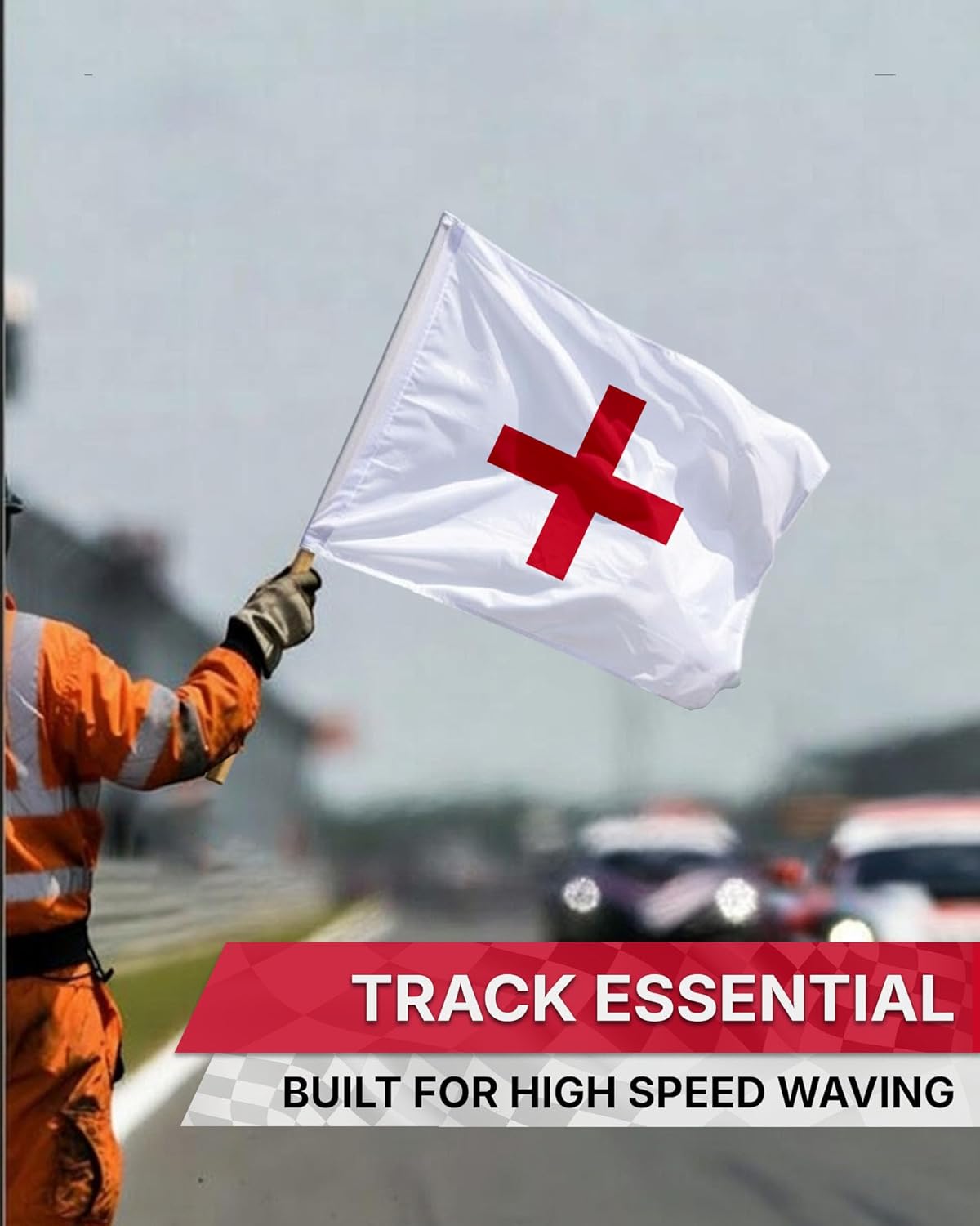 AGAS Ambulance Motorcycle Racing Stick Flag 30x30 inch - Mounted on 36 inch Natural Wood Pole - Printed Single Sided on Heavy Duty 200D Nylon - Stitched Edges - White with Red Cross Large Bike Racing Flag - Sports Professional Racing Flags.