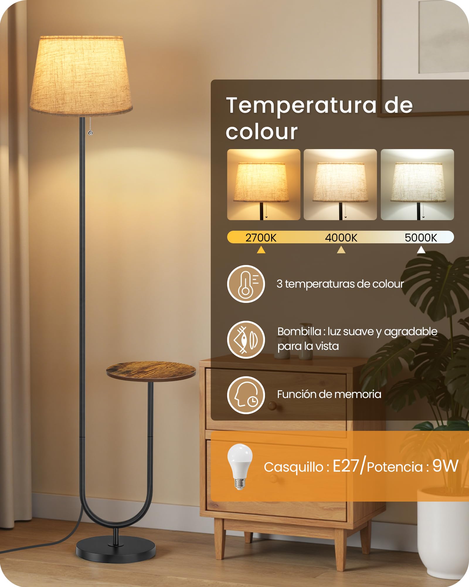 Lámpara de Pie con Mesa Auxiliar 3 Temperaturas de Color Cabezal Ajustable Pantalla de Lino Marrón Rústico y Beige