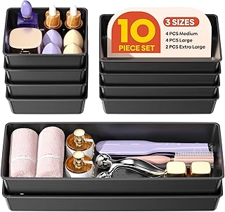 10 Pack Large Size Plastic Drawer Organizers Set, 3 Sizes Desk Drawer Organizer Trays, Storage Bins for Vanity, Makeup, Bathroom, Kitchen Utensils and Office (Black)