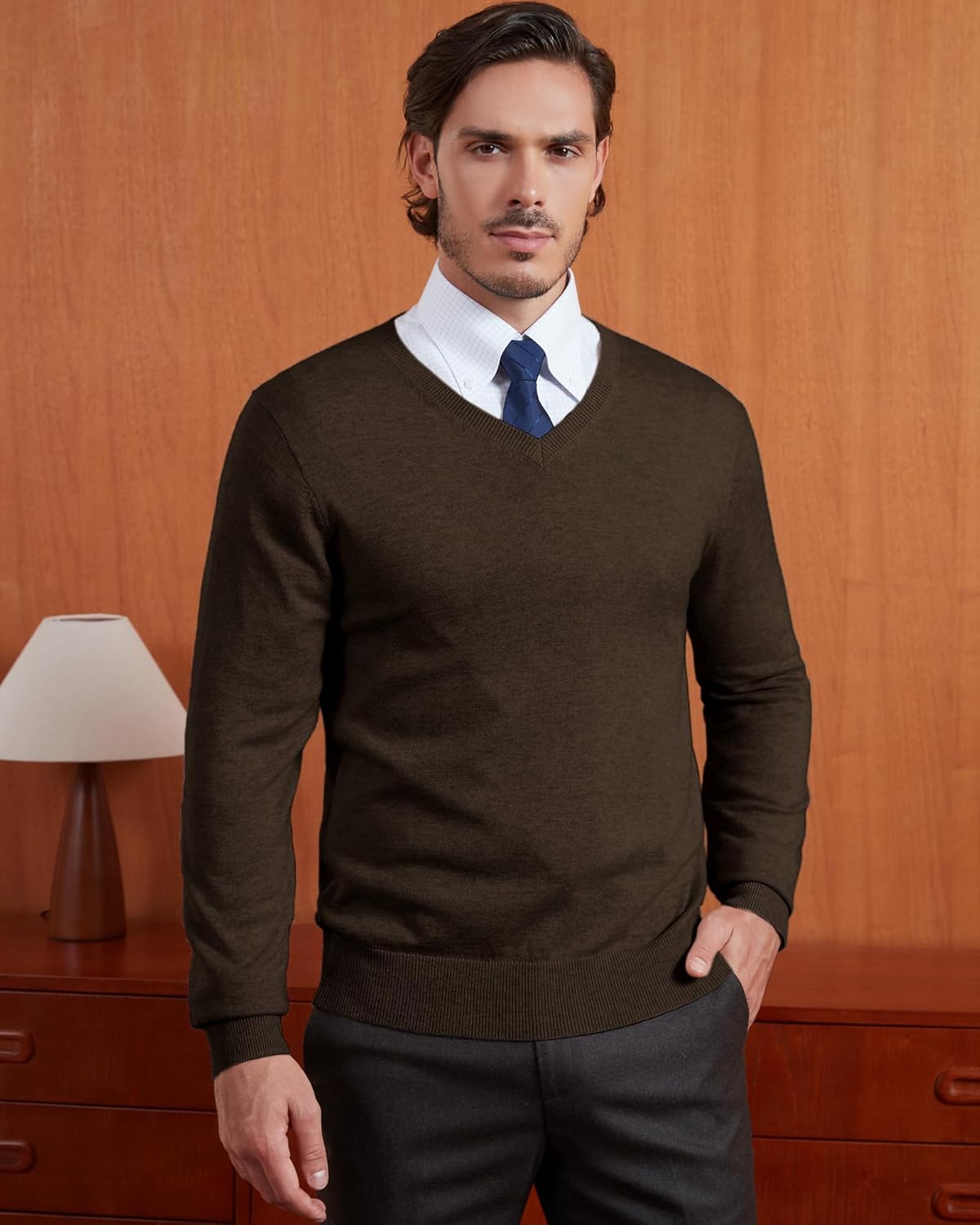 Kallspin Men's Wool Blend V-Neck Sweater Relax Fit Knit Pullover for Fall Winter - Image 4