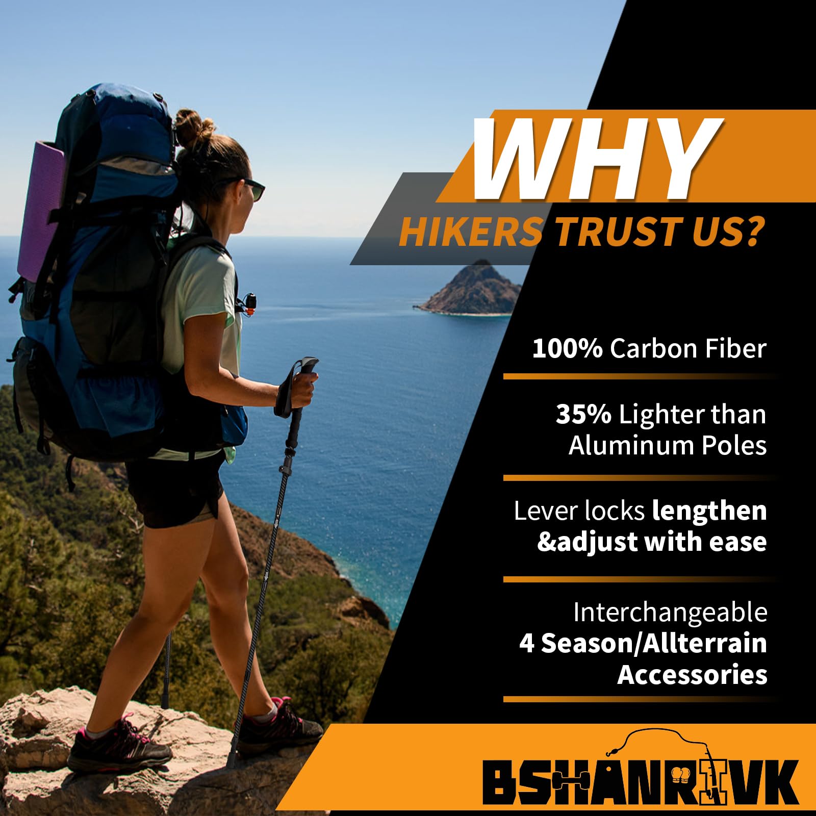 BSHANRIVK Carbon Fiber Trekking Poles - Collapsible Ultra-Light Hiking Sticks for Adults, Durable 2-Pack Walking Poles w/Quick-Lock, Portable for Mountain Hiking & Backpacking