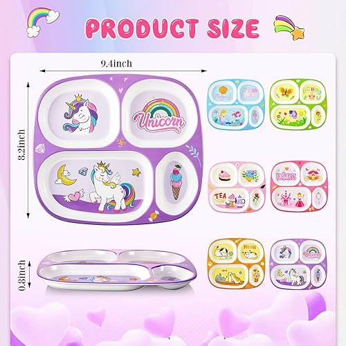 Miniatura 2 de Hushee 6 platos de melamina de 9.4 x 8.2 pulgadas para niños y niñas, platos divididos de plástico para servir unicornio, princesa, sirena,
