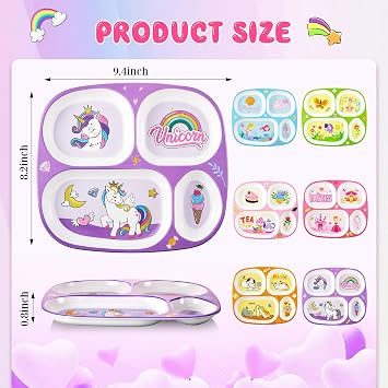 Hushee 6 Pcs 9.4 x 8.2 Inch Kids Divided Plate for Toddler Girls Boys