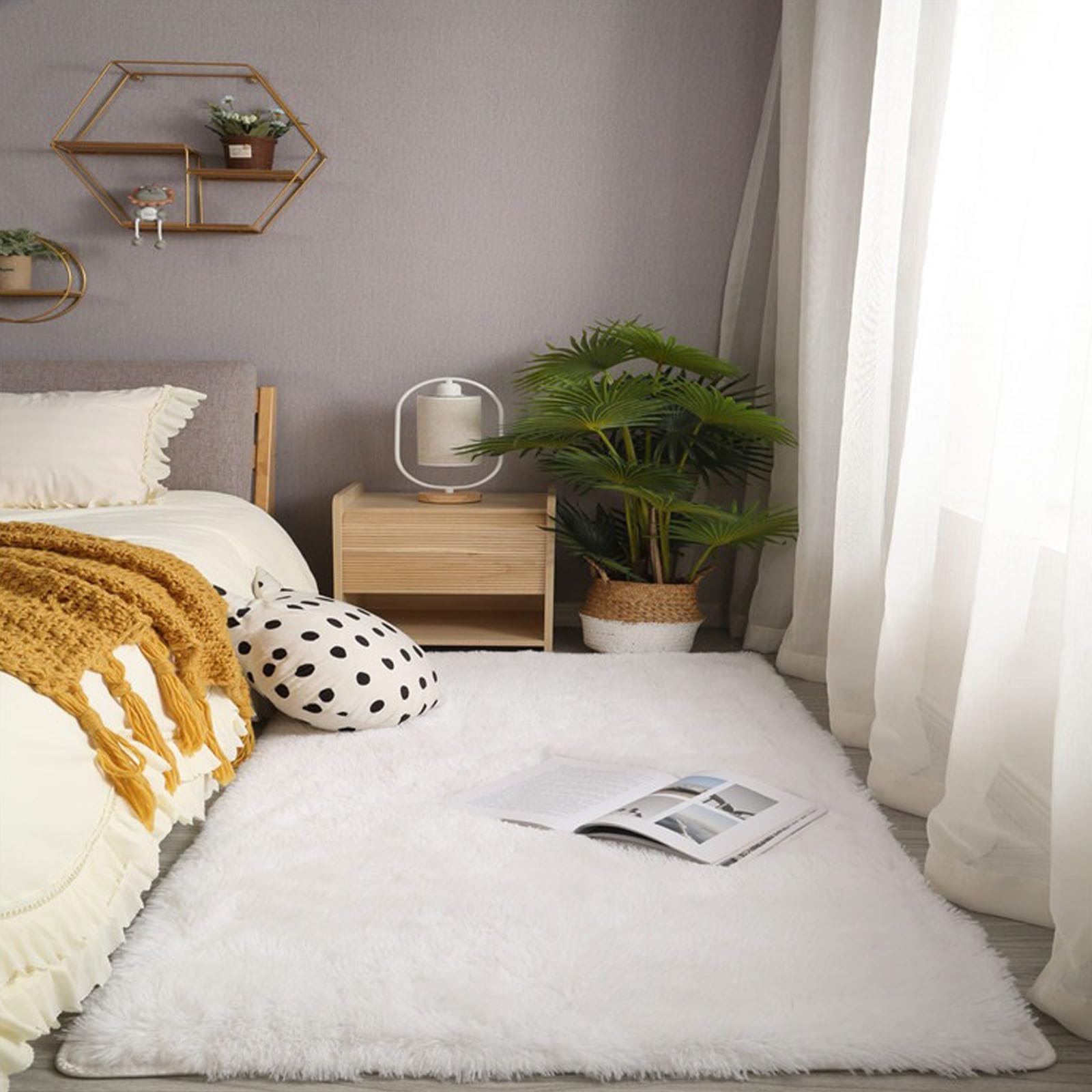 Flauschig Hochflor Teppich 140 x 250 cm Hochflor Langflor Weich Modern Unifarben Flauschig Shaggy Flauschiger Teppich für Schlafzimmer Küche Geeignet, Weiß