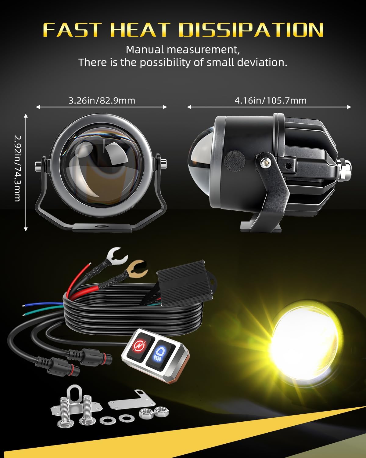 3Inch LED Motorcycle Fog Lights 12V 38000LM 6 Modes White/Amber Strobe Motorcycle Driving Auxiliary Offroad Light LED Spotlight with Wiring Harness