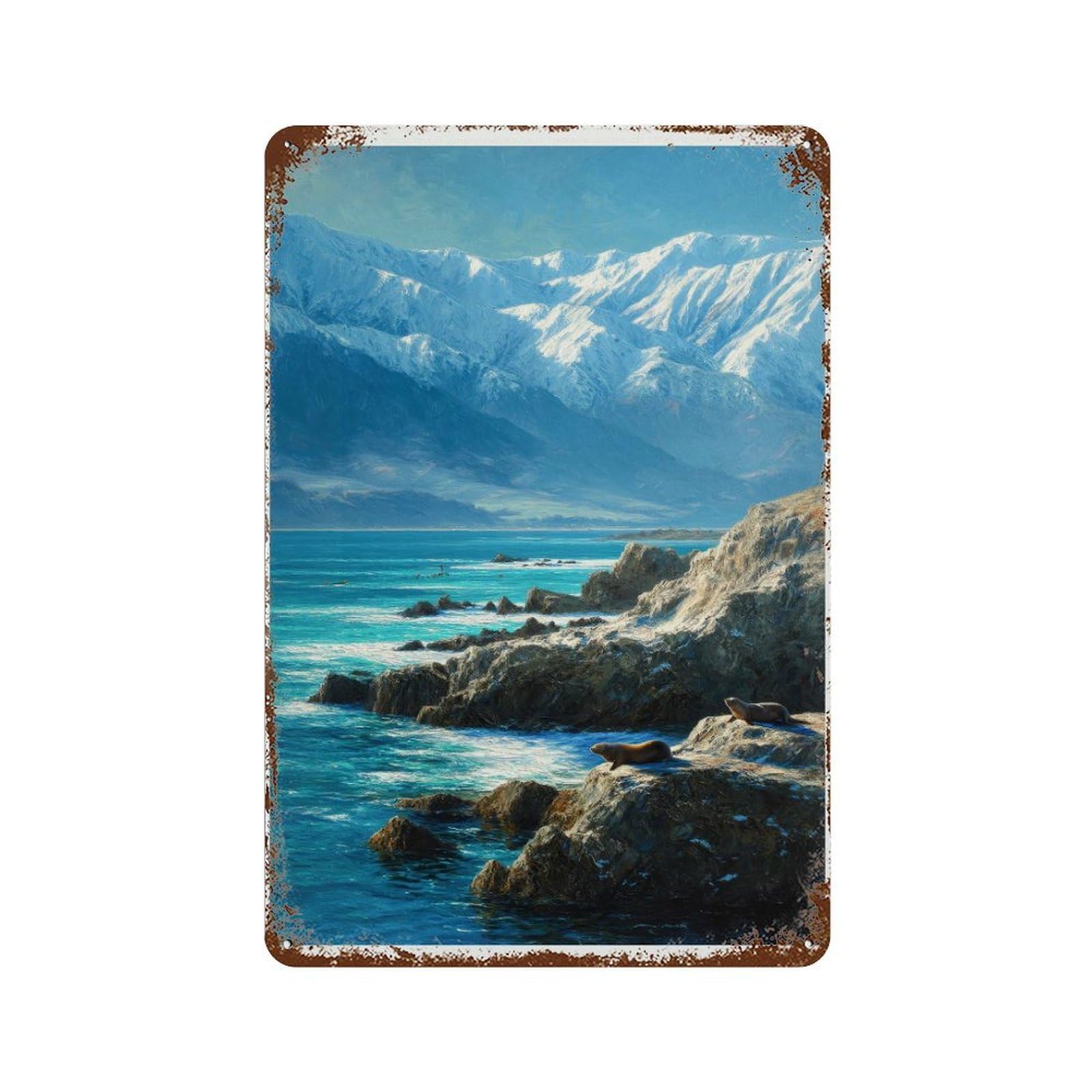 xiaoxiaoshen Kaikoura New Zealand Watercolor Coastal Mountains Ocean Wildlife (2) Wall Decor Art Metal Tin Poster Modern Home Decor Art Home Bar Shop Decorations Vintage Sign 30x20cm