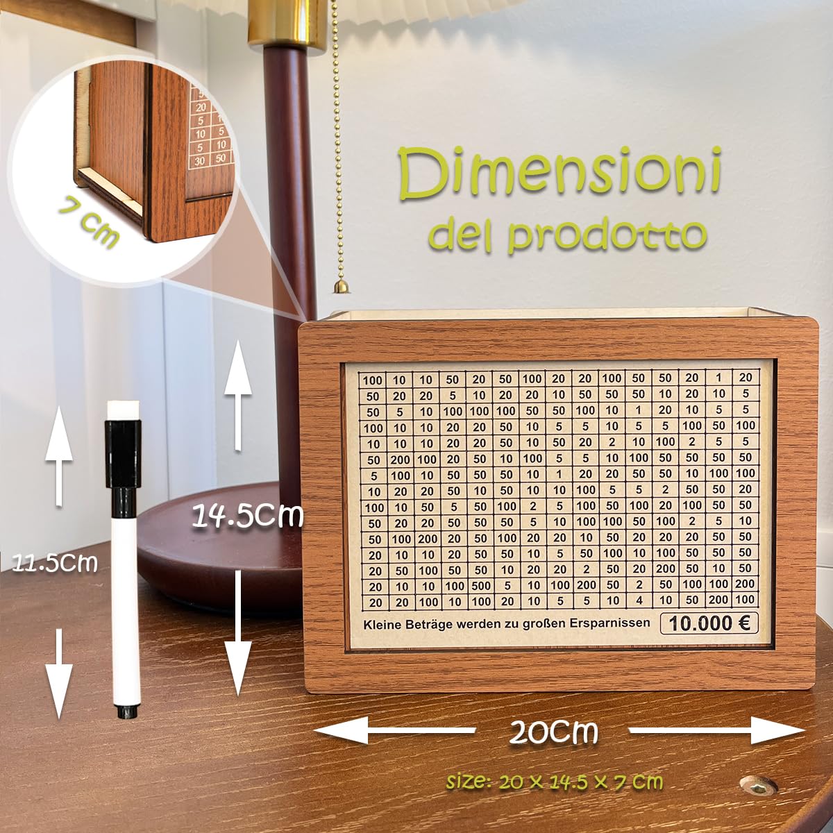 Selizo Salvadanaio in legno, salvadanaio con numeri a spunta, salvadanaio con obiettivo, salvadanaio con contatore per spuntare, salvadanaio con obiettivo di risparmio, salvadanaio €500 €1,000 €2,000
