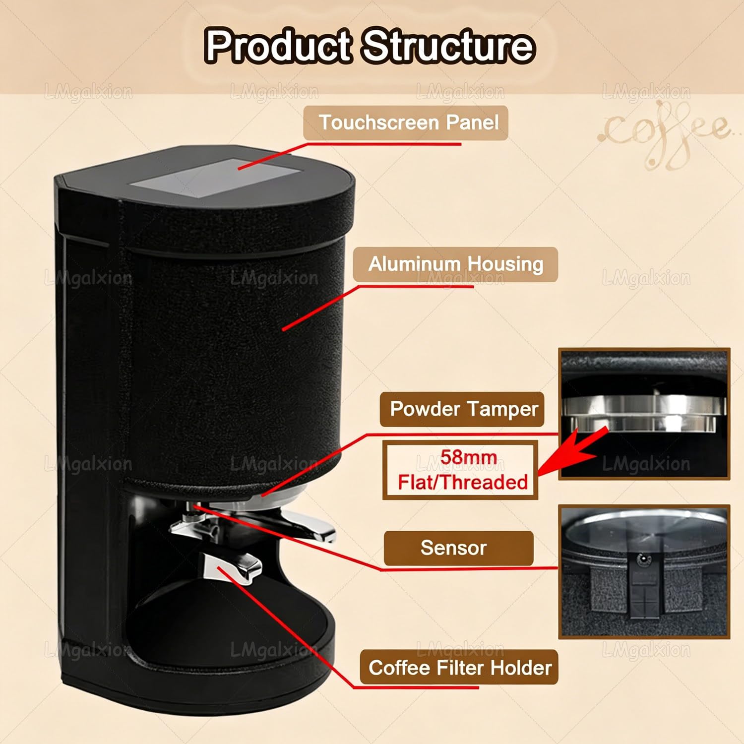 Pressino Elettrico per caffè Professionale,58 Mm,Intervallo di Pressione 5-30Kg,1-3 Pressature Regolabili,con Sensore Automatico,Adatto per Bar,Cucine di Hotel E Ristoranti White-Flat