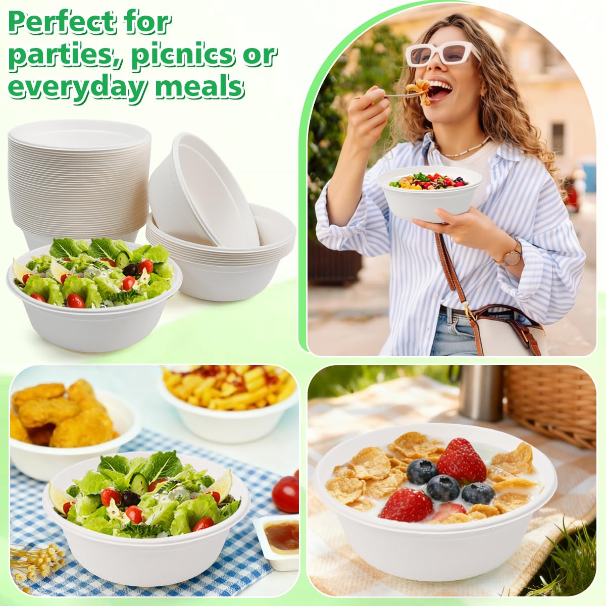 Kleemeiero 50 Pezzi Ciotole di Carta Bagasse di Canna da Zucchero 500ML Ciotola per Zuppa Biologica Rotonda Bianca Biodegradabili e Compostabili Piatti Carta per Picnic Barbecue Feste