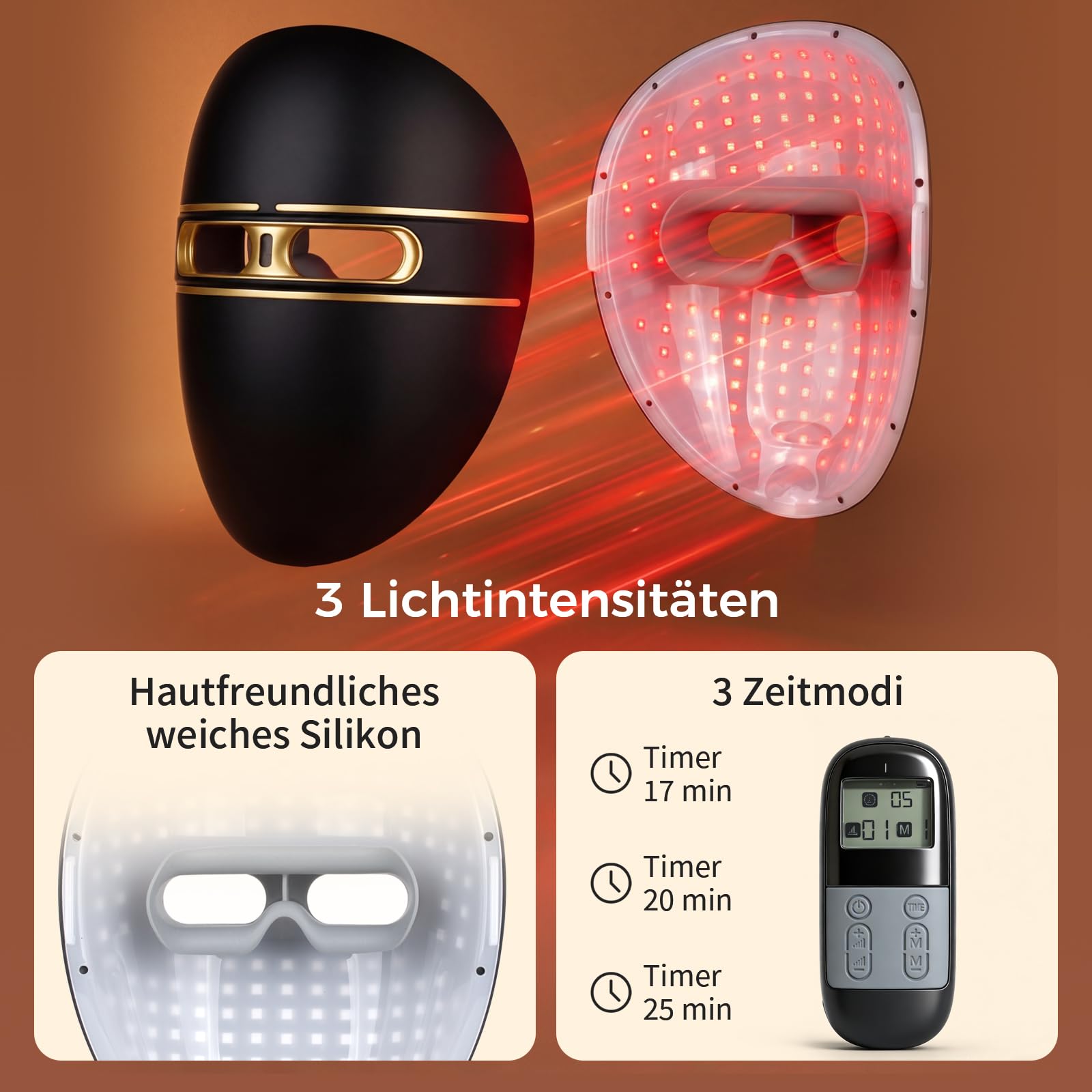 Auxoliev LED-Gesichtsmaske mit Lichttherapie, kabellos, 850 nm 633 nm 415 nm (Rot, Blau, Nahinfrarot), zur Reduzierung von Falten und feinen Linien – für die Hautpflege zu Hause