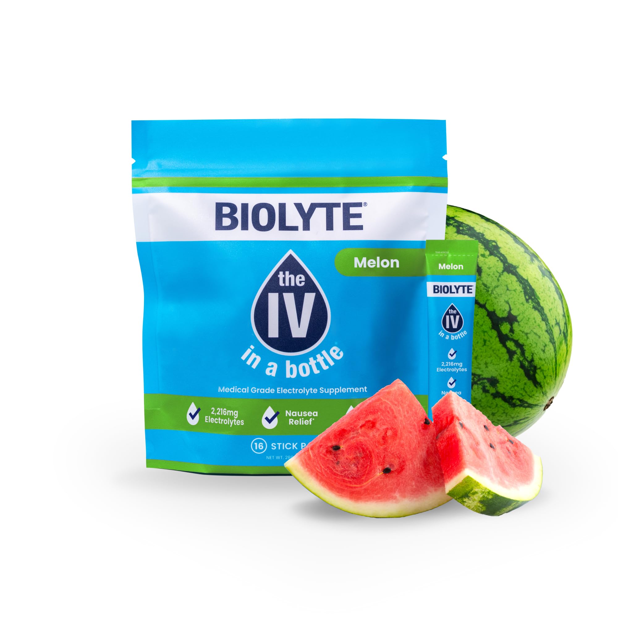 BIOLYTE Electrolyte Powder Packets - IV in a Bottle Single-Serving Electrolyte Powder for Rapid Hydration - Melon, 16-Pack