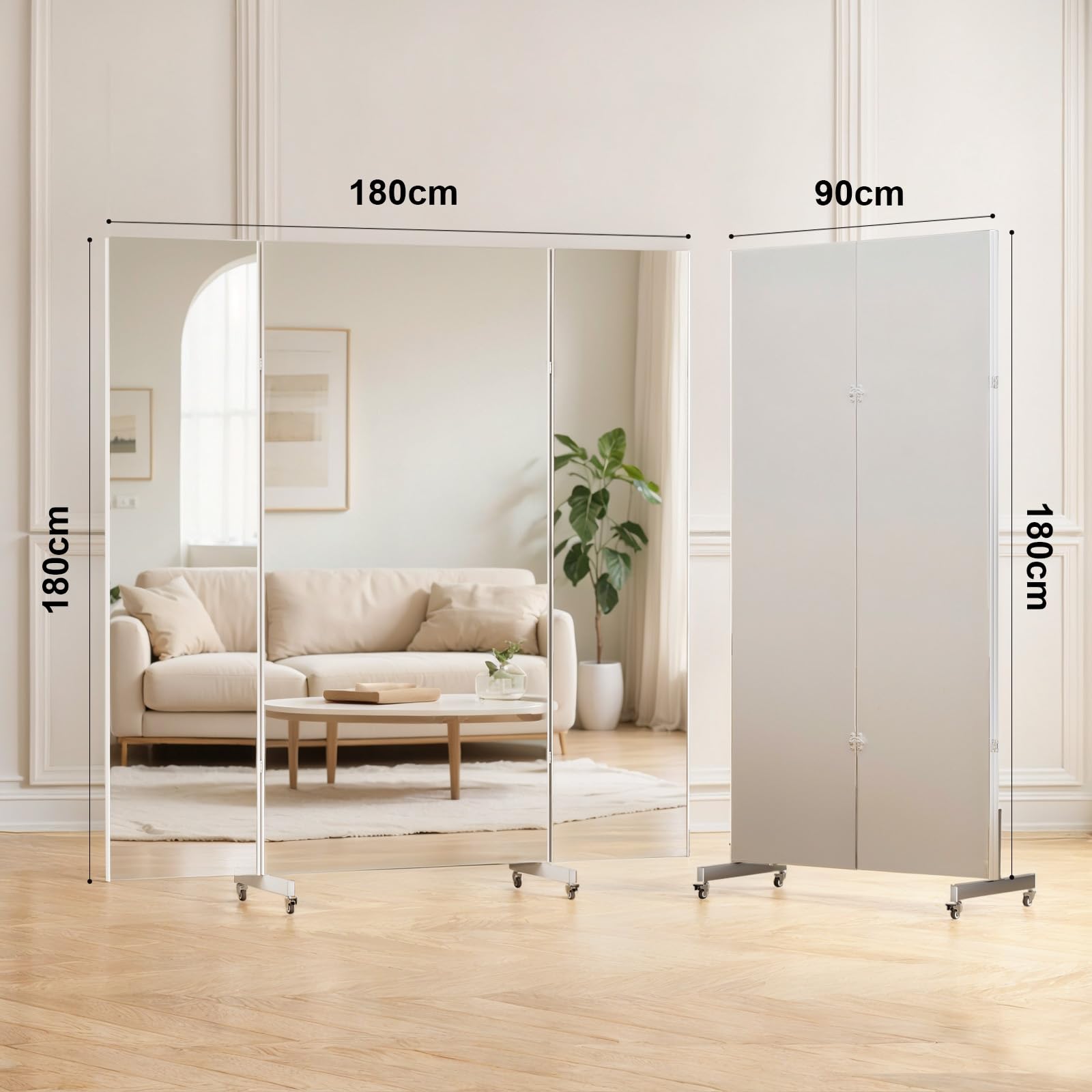 brisafe 180 x 190cm Ganzkörperspiegel, Dreifach Faltbarer Standspiegel auf Rollen, 3 Wege große Spiegel Unzerbrechlicher Fitness Tanzspiegel für uhause, Fitnessraum Studio, Schlafzimmer, Weiß