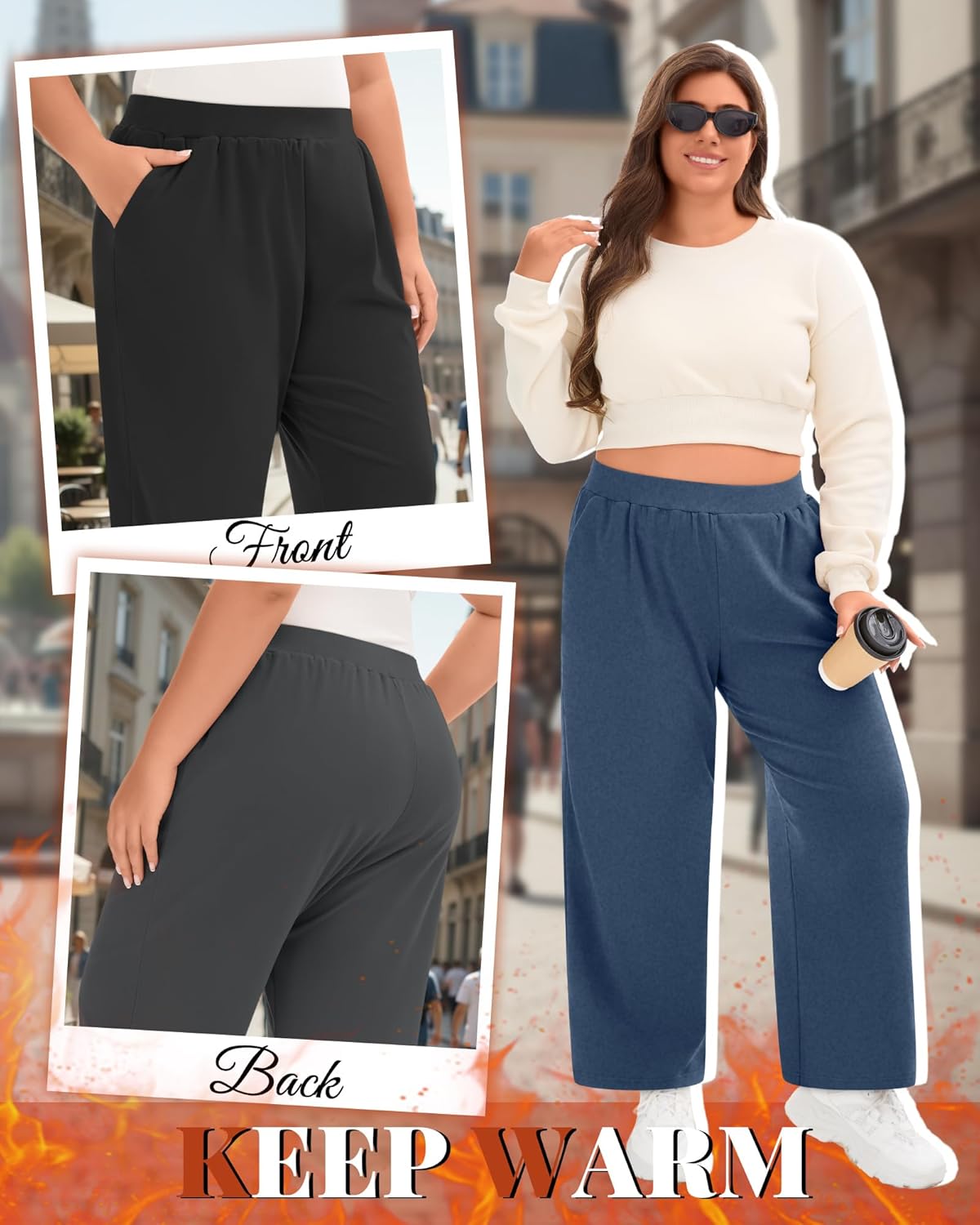 3 Pack Women's Plus Size Fleece Sweatpants Wide Leg Thermal Lounge Pants Pockets Elastic Waist Warm Trouser Jogger - Image 2