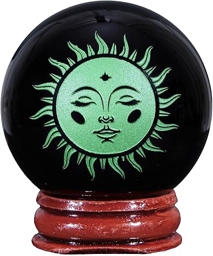 Rockcloud Bola de meditación con esfera de piedra de obsidiana negra con base de madera para decoración del hogar