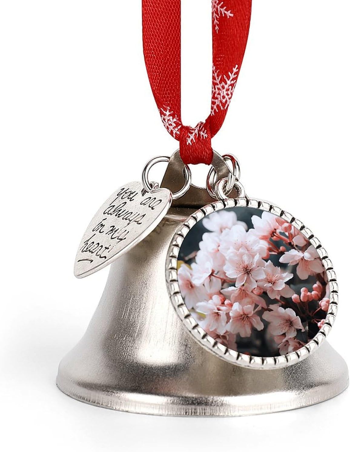 Pink White Flowers Christmas Bells Ornaments Tree Jingle Bells Decors Xmas Silver Bell Hanging Decoration Pendants for Weddings Parties Christmas Wreaths