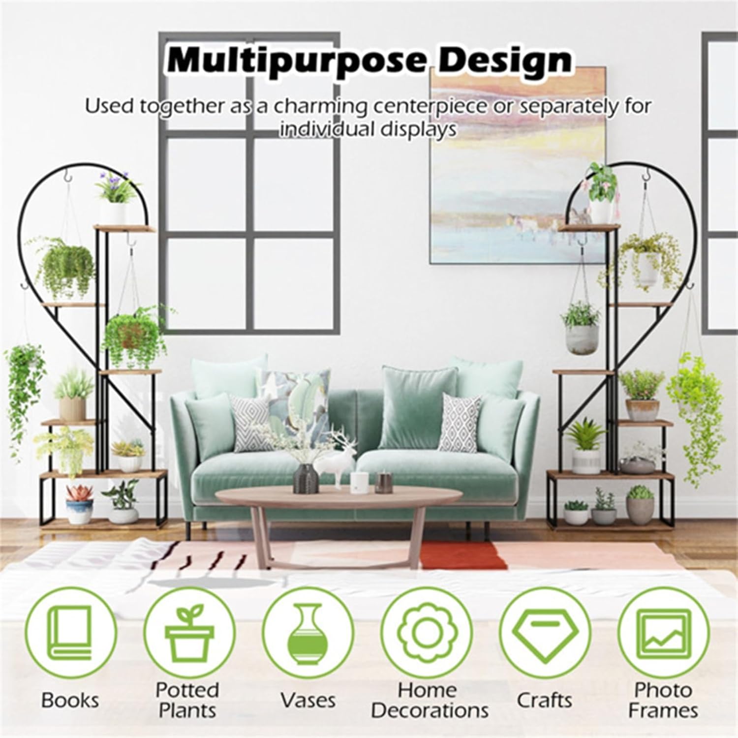 Heart-Shaped 6-Tier Metal Plant Stand Set with Hanging Hooks, Anti-Toppling Display Rack, Multi-Purpose Shelf for Home Office Balcony