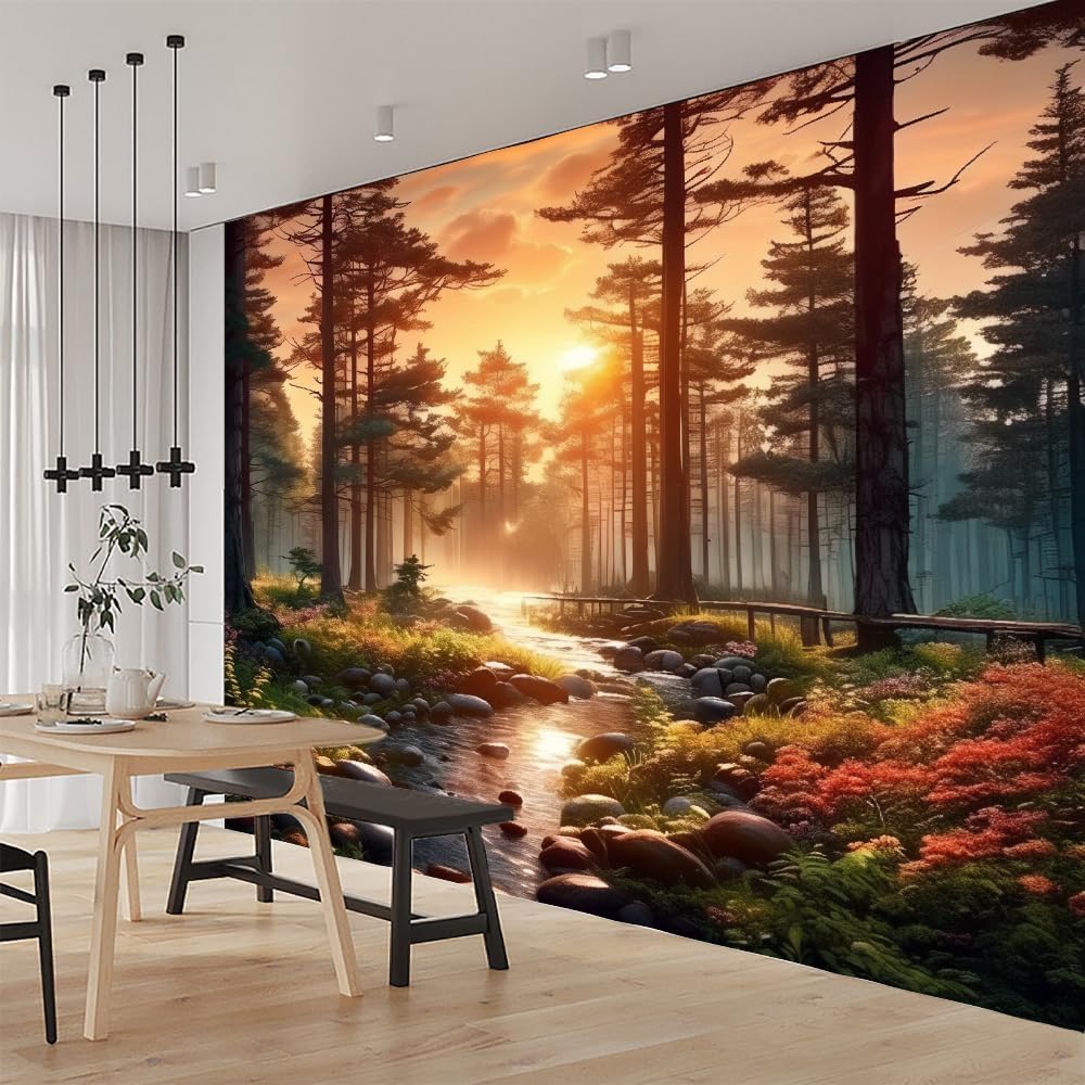 Stream in The Woods Wall Mural, Sunset View Peel and Stick Self-Adhesive Wallpaper Murals Removable Large Sticker for Living Room Tv Wall Children's Bedroom Decor(40"H x 59"W)