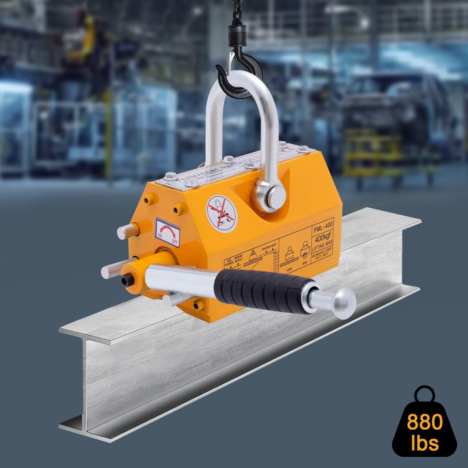 Magnetic Lifter, 400kg/880lbs Pulling Capacity, N42 magnet, Lifting Magnet with Release, Permanent Lift Magnets, Heavy Duty Magnet for Hoist, Shop Crane, Block, Board