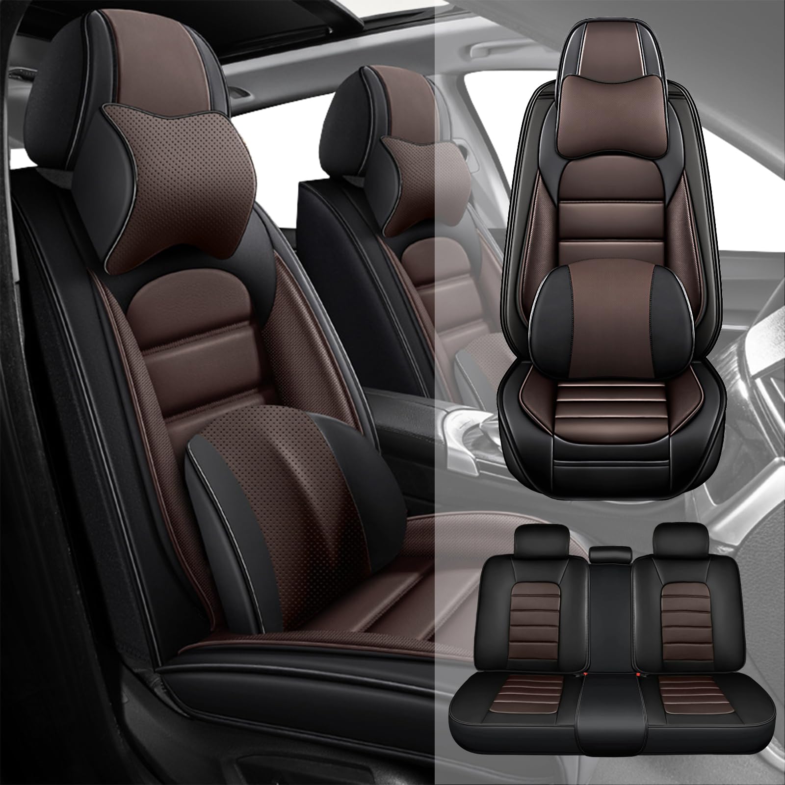 Fit for 95% of Cars SUVs Seat Covers,Car Seat Cover Protector,Waterproof Front &amp; Rear Car Seat Covers(Luxury-Black&amp;Coffee)