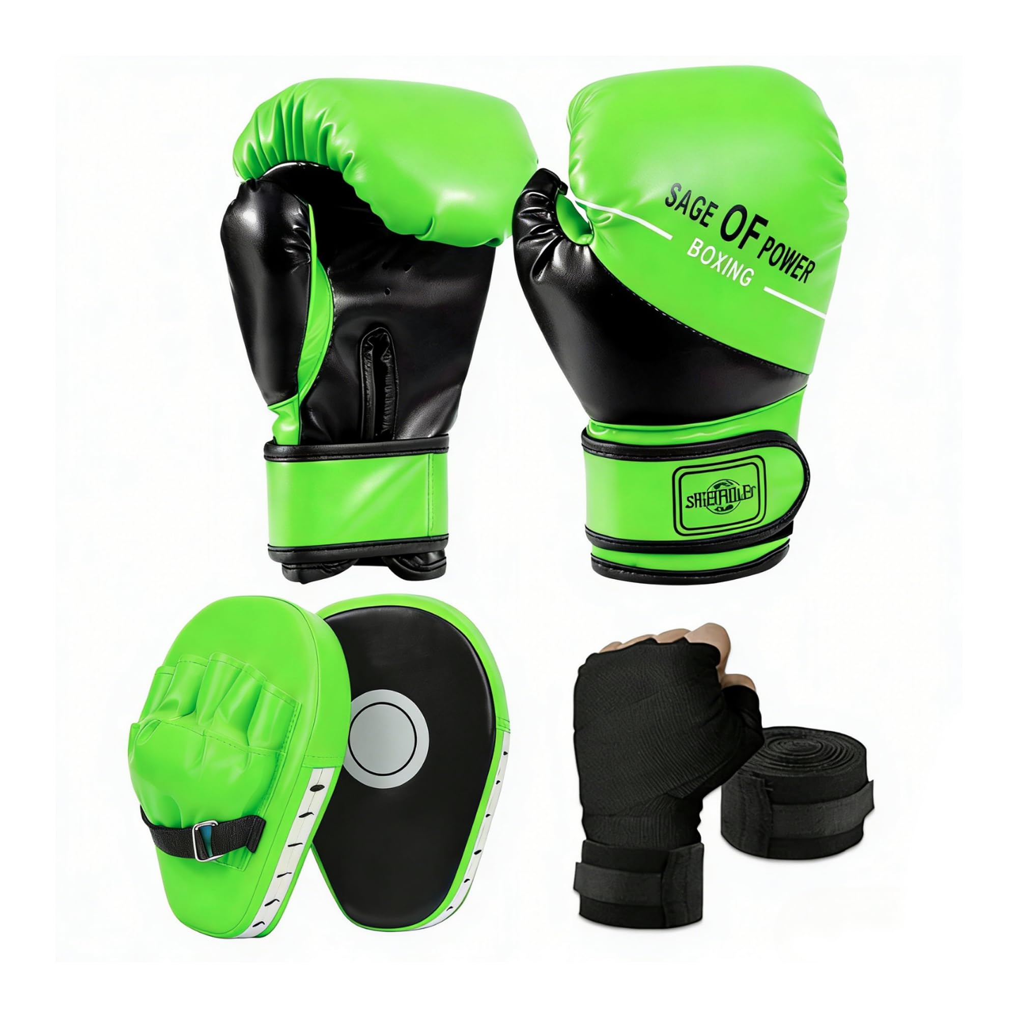 Set di guanti da boxe e guanti da boxe 3 in 1 per bambini, con fasce per le mani, set di guanti in pelle per MMA, karate, muay thai, taekwondo