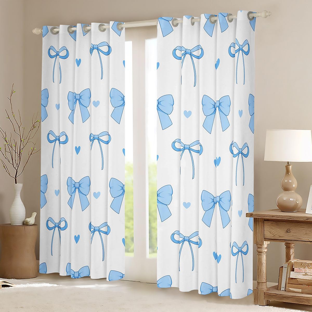Homewish Kokardka wstążka niebieska dziewczęca księżniczka zasłony okienne 168 x 183 cm 2 zestawy paneli - urocze zasłony zaciemniające marzycielskie kawaii kokarda zasłony okienne miłość