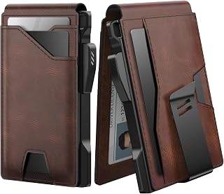 typecase Tactical Slim Wallet for Men: Pop-Up RFID Blocking Genuine Leather Card Holder, 9-13 Cards, ID Window, Money Clip - Brown
