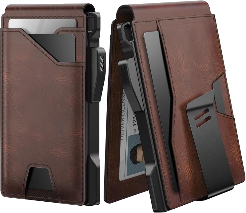 Tactical Wallet for Men Card Holder: Pop Up Card Case, Genuine Leather, Smart, RFID Blocking, Slim, Minimalist, Thin, Front Pocket - 9-13 Card Capacitiy, ID Window, Money Clip (Brown)