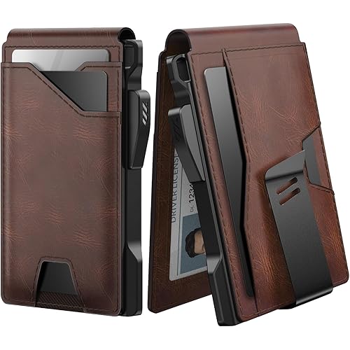 typecase Tactical Wallet for Men Card Holder: Pop Up Card Case, Genuine Leather, Smart, RFID Blocking, Slim, Minimalist, Thin, Front Pocket - 9-13 Card Capacitiy, ID Window, Money Clip (Brown)