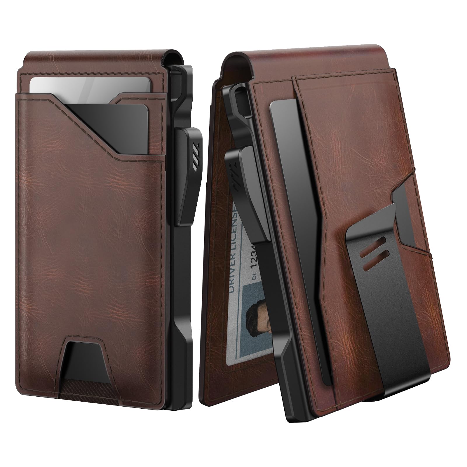 Tactical Wallet for Men Card Holder: Pop Up Card Case, Genuine Leather, Smart, RFID Blocking, Slim, Minimalist, Thin, Front Pocket - 9-13 Card Capacitiy, ID Window, Money Clip (Brown)