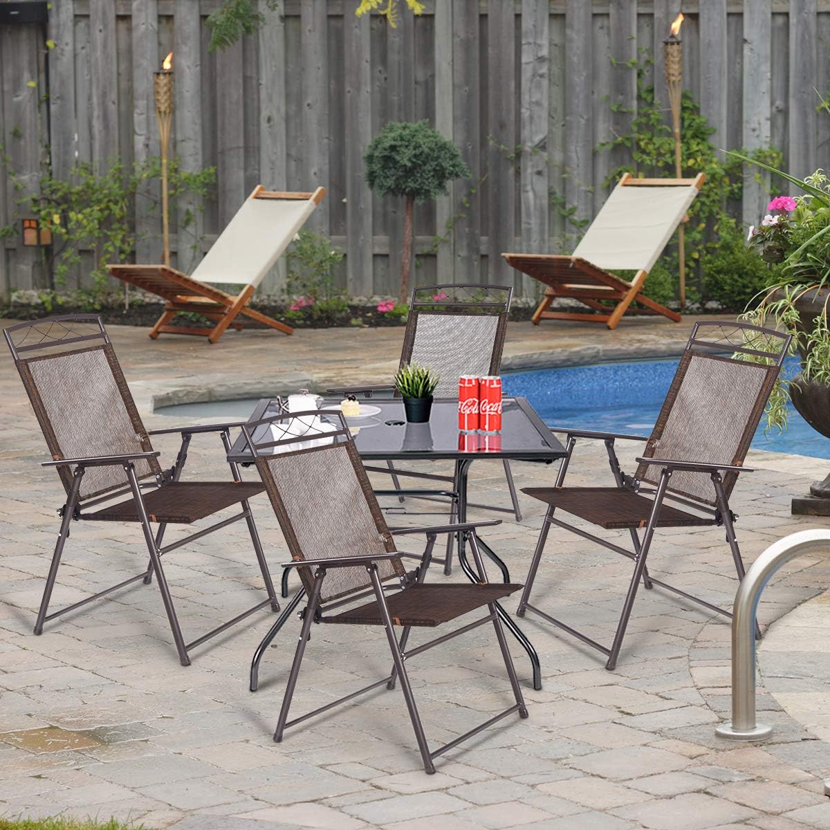 ReunionG Set of 4 Folding Steel Chairs, Portable Outdoor and Indoor Sling Chairs, Patio Dining Chairs with Armrest and Footrest for Camping, Beach, Garden, Pool, Backyard, Deck