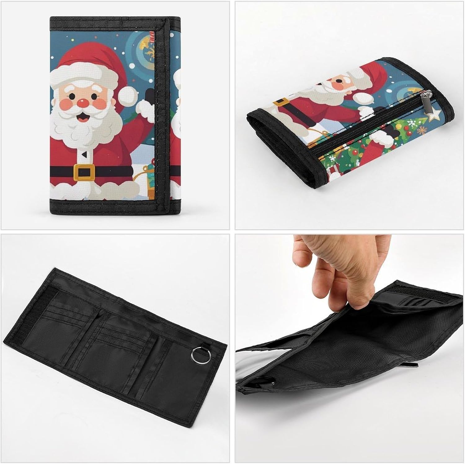 Trifold Canvas Wallet with Keychain, Modern Fashion Credit Card Holder Wallet for Men Women, Christmas Santa Claus Slim Wallets W/Zipper Coin Pocket, Novelty Birthday Gift