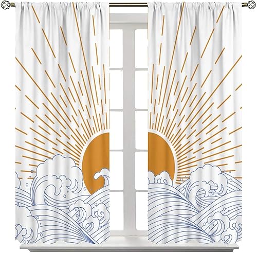 Miniatura 8 de Cortinas retro para atardecer, estilo bohemio de mediados de siglo, modernas, abstractas, amanecer japonés, azul, con ondas oceánicas, para