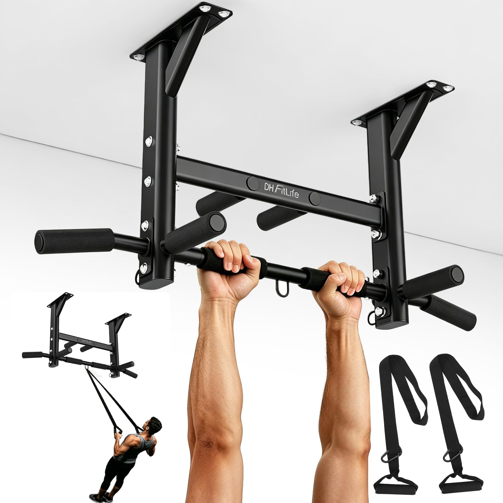 DH FitLife Barre de Traction Plafond 4-en-1, 8 Poignées, 300 kg | Montage plafond avec chevilles｜Sangle suspension incluse｜3 œillets｜Poignées antidérapantes｜Barre traction Home Gym