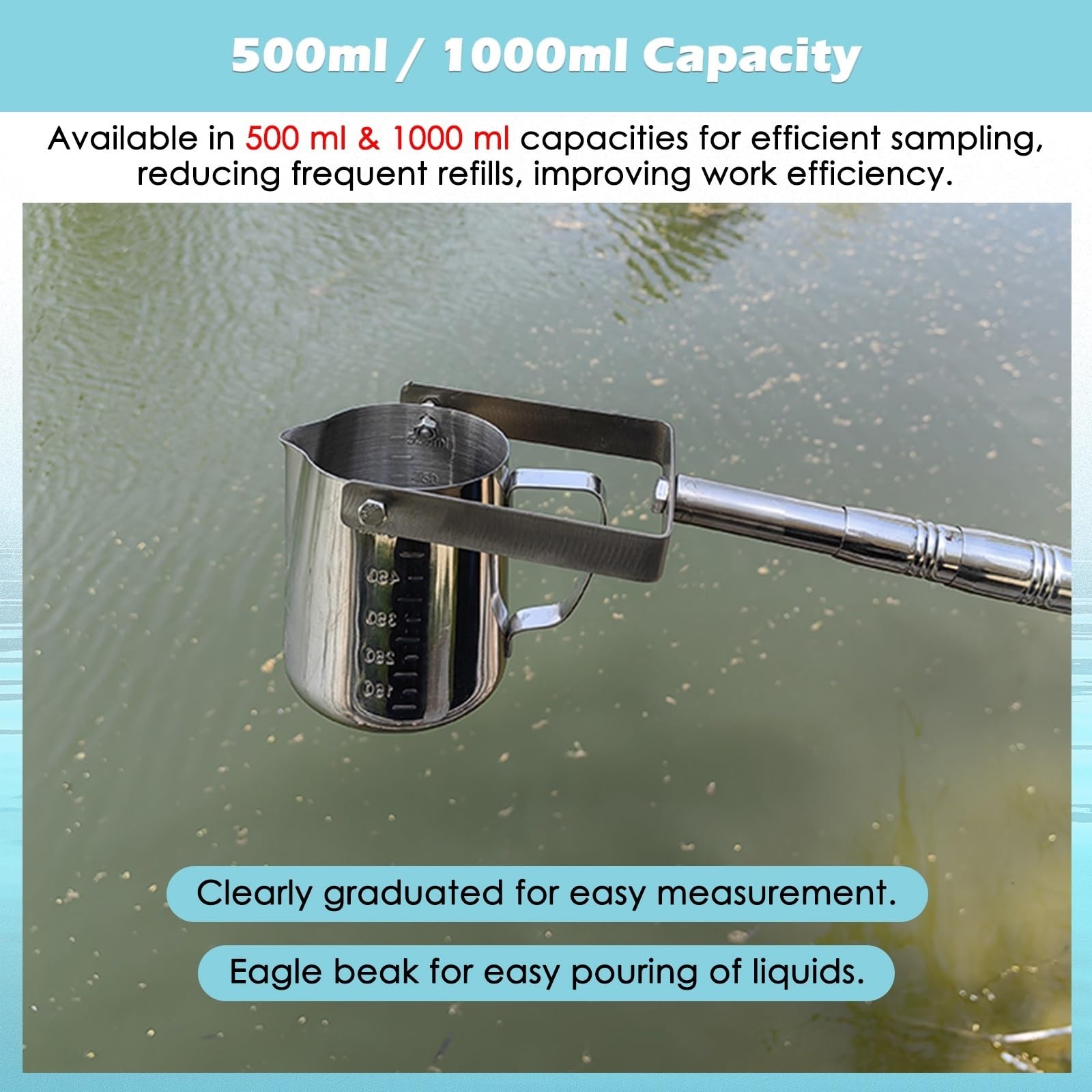 Wasserprobenehmer 500 Ml Wasserprobenehmer (Dipper) Mit Teleskopstange – Edelstahl-Probenentnahmestab Mit Messbecher Für Seen, Labor, Lebensmittel & Getränke(L 100-250cm)