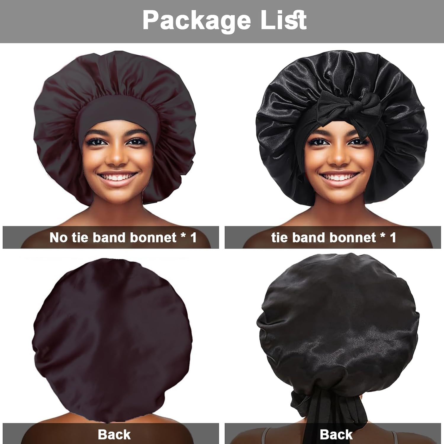 2Pcs Satin Silk Hair Bonnet for Sleeping Women,Large Bonnets with Elastic Wide Tie Band Silk Sleep Cap,Hair Wrap Night Cap with Adjustable Straps for Black Women Curly Hairs Jumbo Bonnet Braid - Black