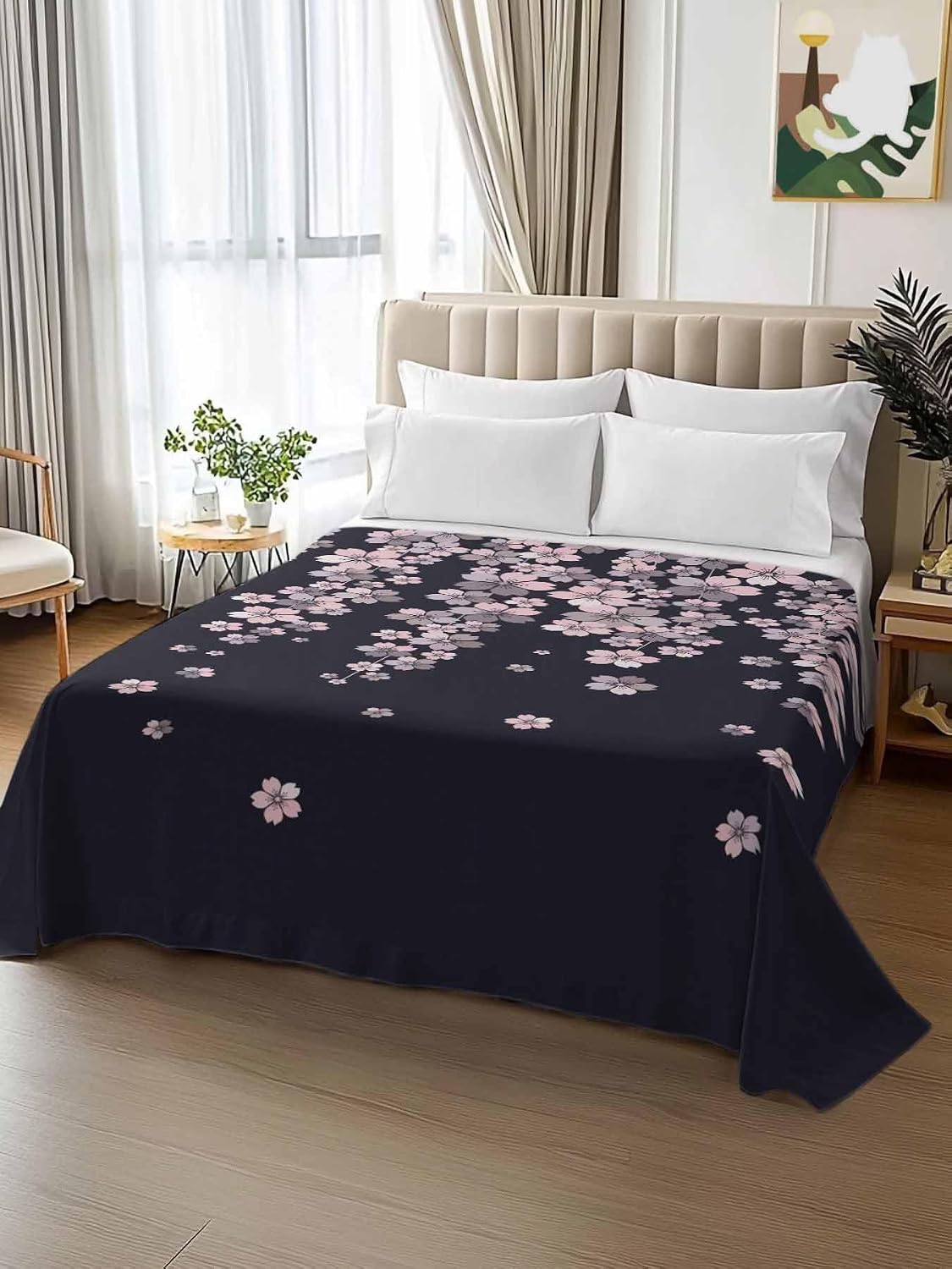 Top Sheet Full Bedding Flat Sheet Only, Spring Pink Cherry Blossoms Flower Microfiber Bed Sheets Soft Breathable Bedding Flat Sheets, Blossom Floral on Black Hotel Luxury Top Sheets