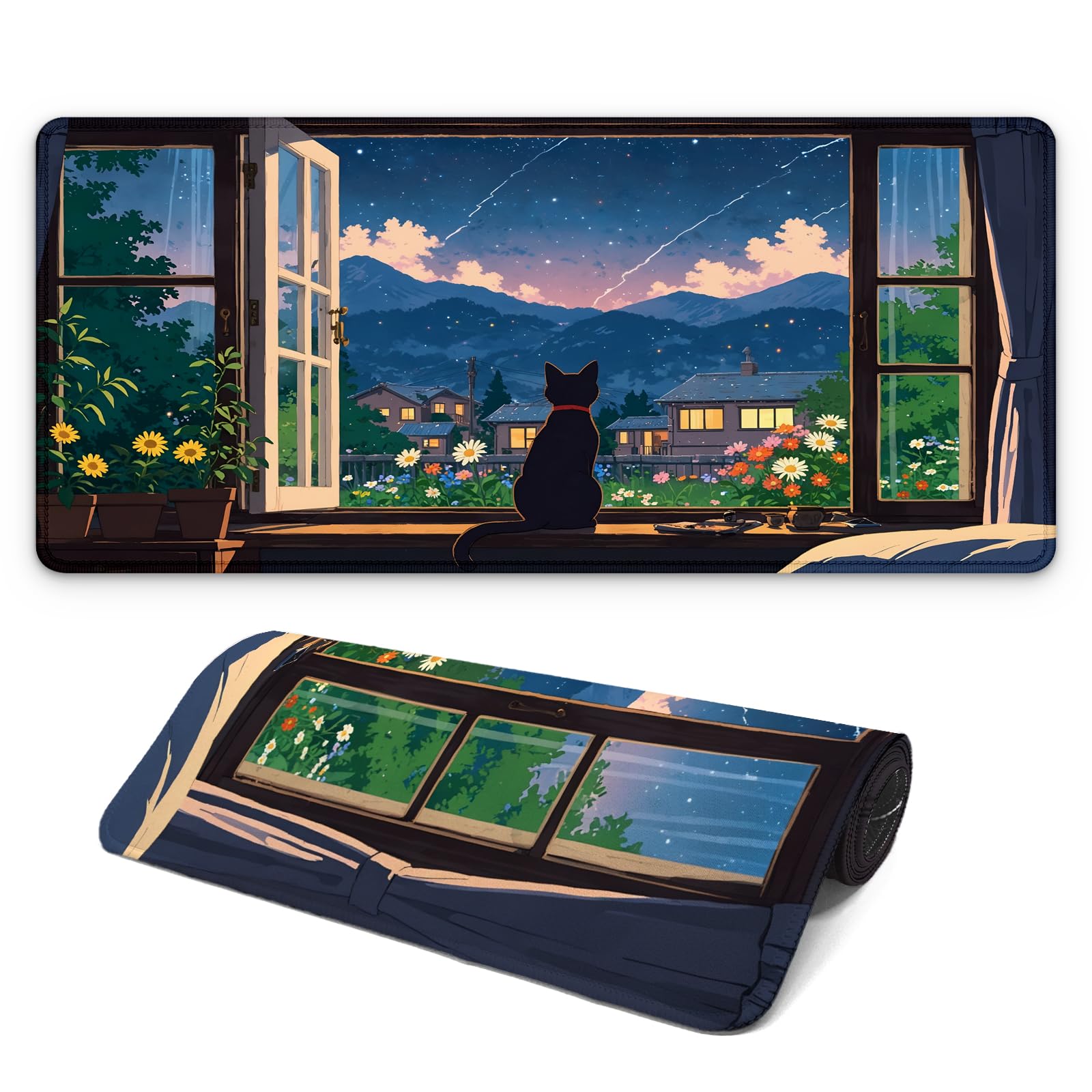 Black Cat Perched on a Windowsill Gaming Mouse Pad with Non-Slip Rubber Base, Large Kawaii Anime Mousepad with Stitched Edges, Long Keyboard Mat for