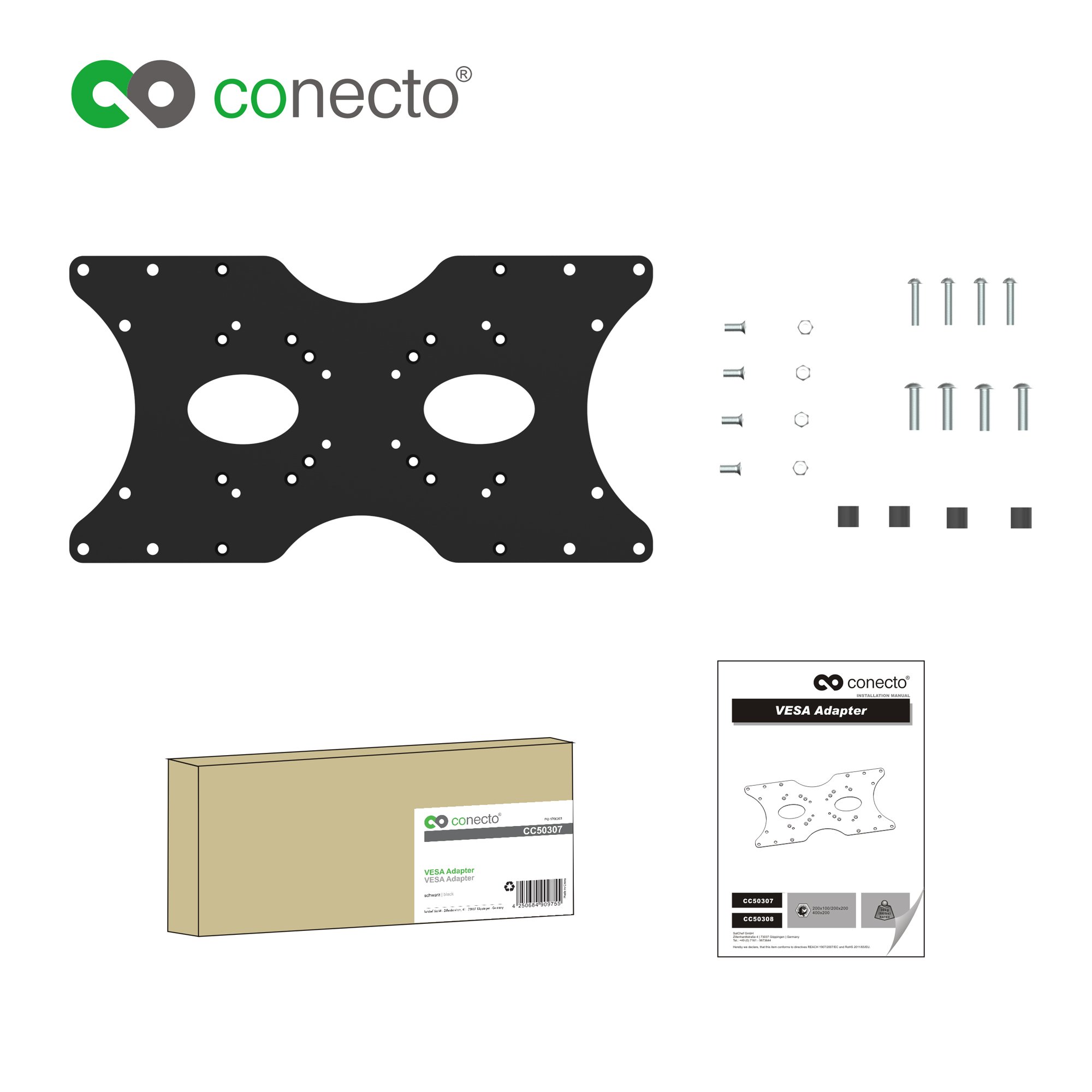 conecto Adapter VESA, płytka adapterowa, uniwersalna, VESA 50 x 50 do 400 x 200, 1-częściowy, czarny