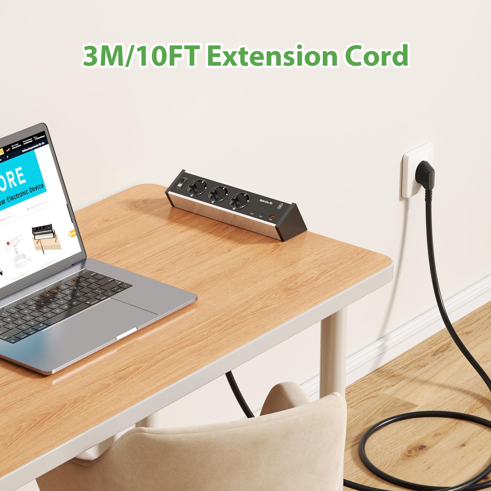 Aluminiowe 3-drożne gniazdko stołowe z 2 gniazdami USB C, GaN PD, 65 W i kablem 3 m, listwa zasilająca na biurko z przełącznikiem, do domu, biura, kolor srebrno-czarny