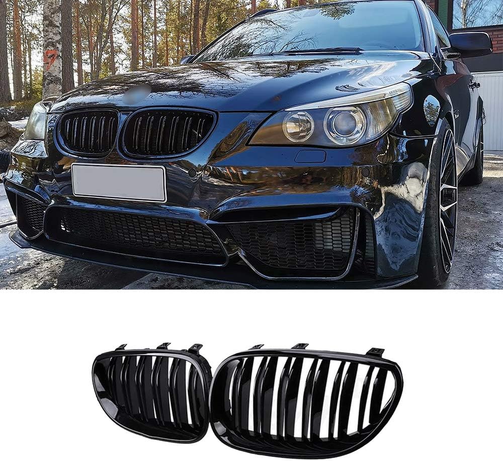 SNA E60 Grill E61 Grille Compatible for (2003-2009) BMW 5 Series E60 E61 M5, ABS Front Kidney Grille (Double Slats Gloss Black)