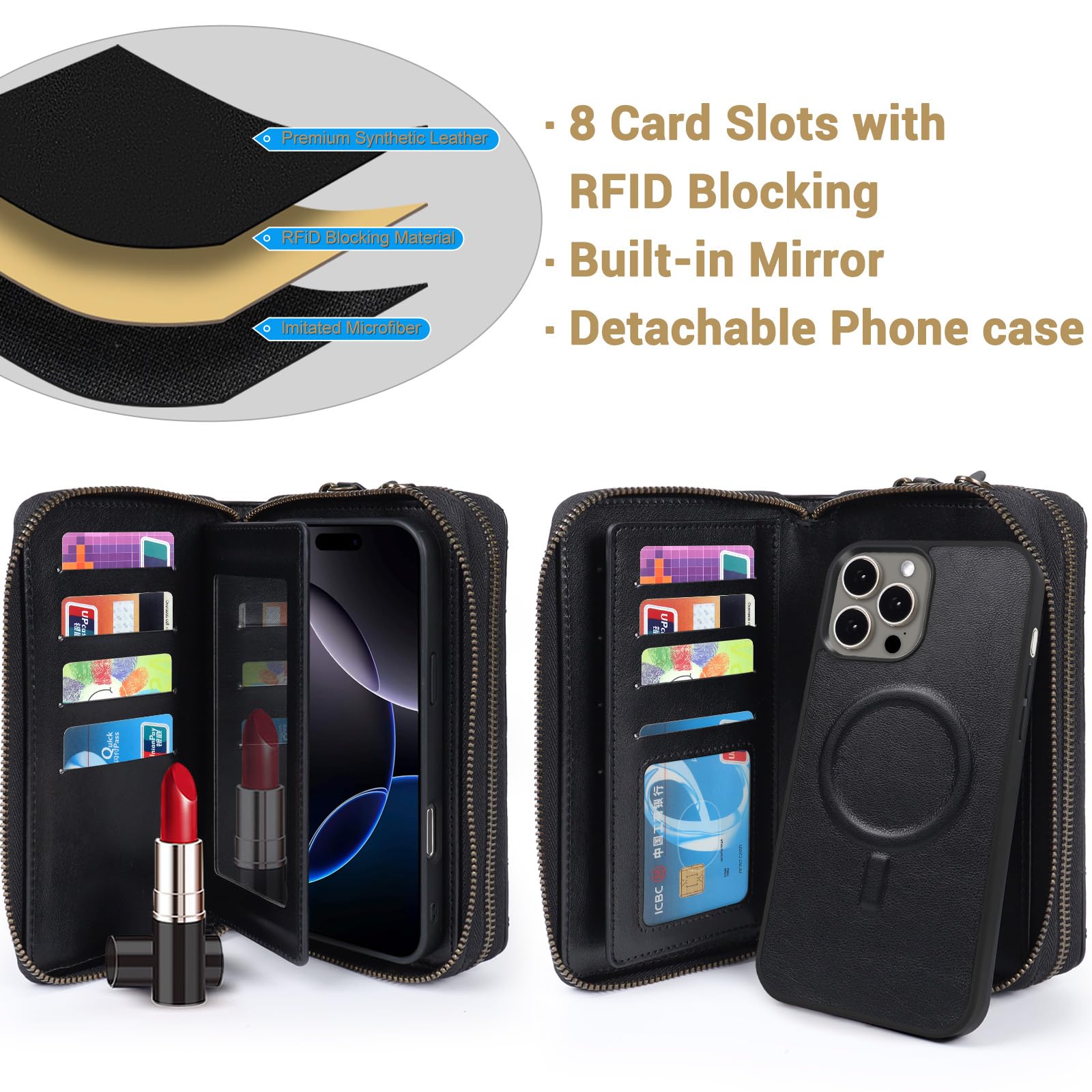 Harryshell Kompatibel mit iPhone 13 Pro Max 6,7 Zoll 2021, Brieftasche, mehrere Reißverschlüsse, abnehmbare magnetische Hülle, Geldbörse mit Kartenfächern, Spiegel, Crossbody (kompatibel mit Magsafe