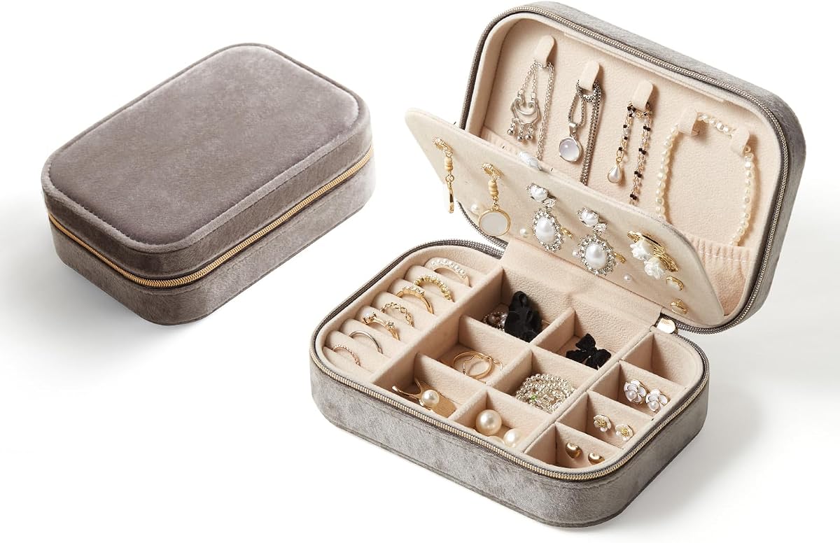 Plush Velvet Travel Jewelry Box, Portable Jewelry Case for Women Girls, Double Layer Jewelry Organizer Display Box for Necklace Earring Rings Bracelet, Travel Accessory Gifts, Grey