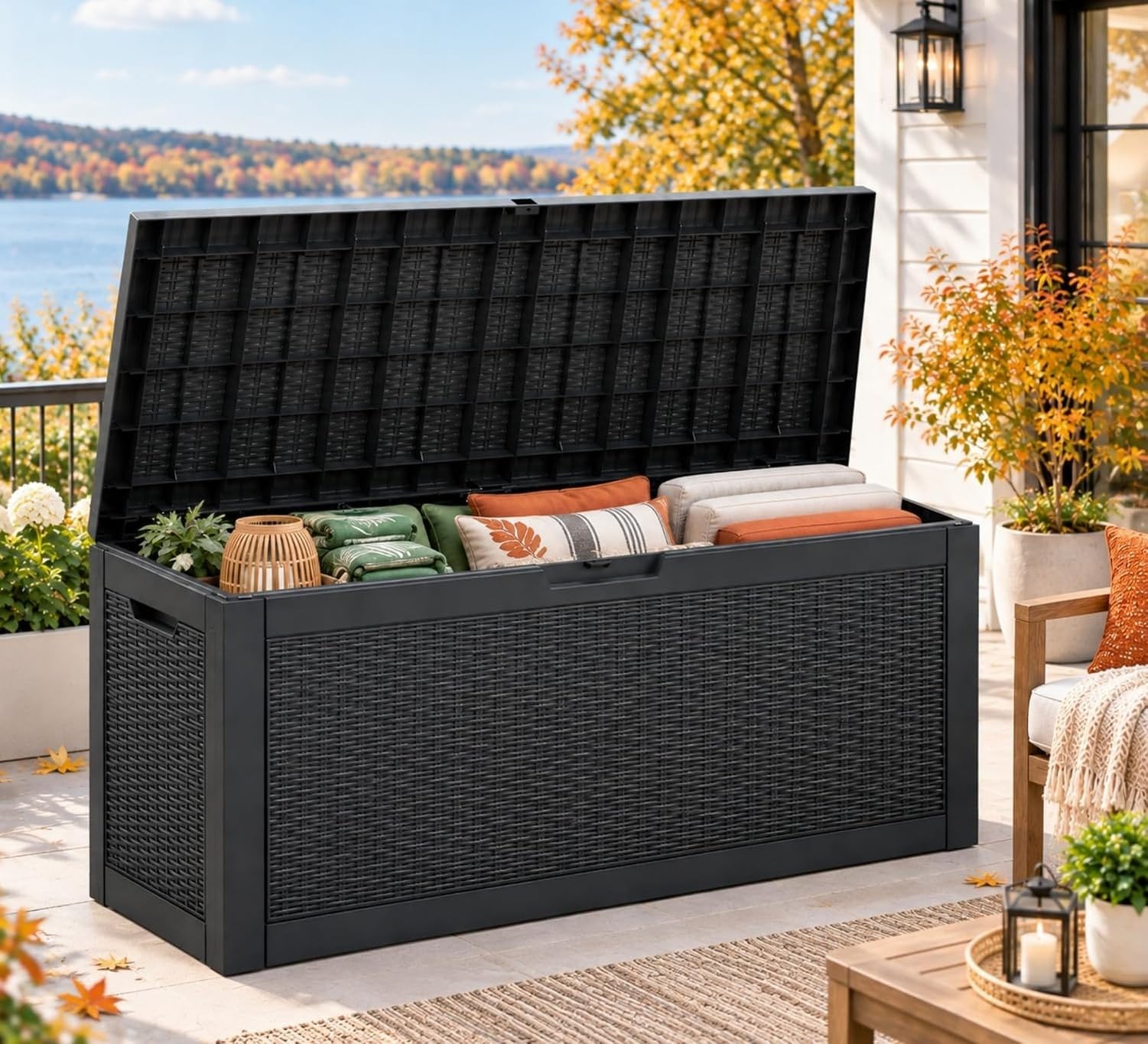 Baulera Exterior Impermeable 130L para Almacenaje Terraza, Ratán Negro